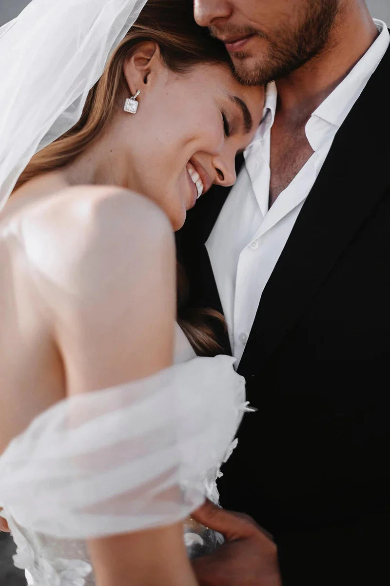 Off-the-Shoulder Satin A-Line Wedding Dress with Oversized Back Bow & Chapel Train by YiHuiw