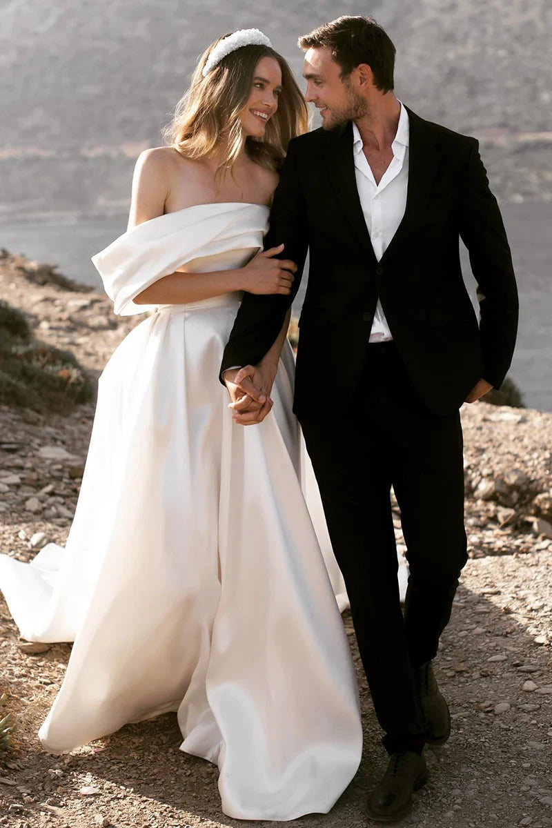 Off-the-Shoulder Satin A-Line Wedding Dress with Oversized Back Bow & Chapel Train by YiHuiw