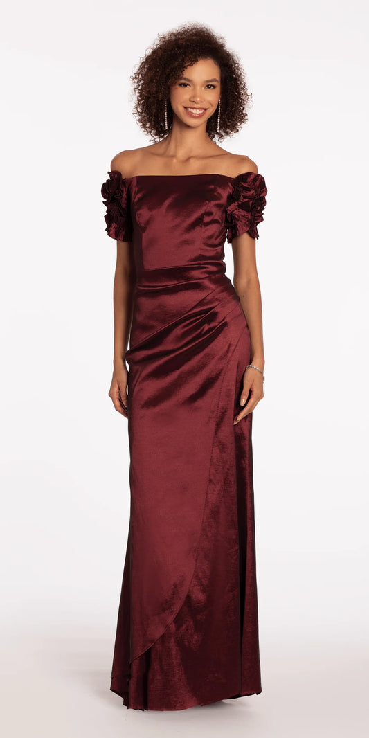 Off-the-Shoulder Satin Mermaid Evening Dresses with Ruffle Sleeve Detail and Ruched Waist