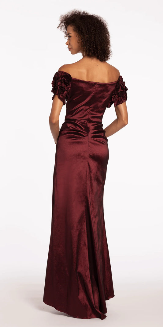 Off-the-Shoulder Satin Mermaid Evening Dresses with Ruffle Sleeve Detail and Ruched Waist