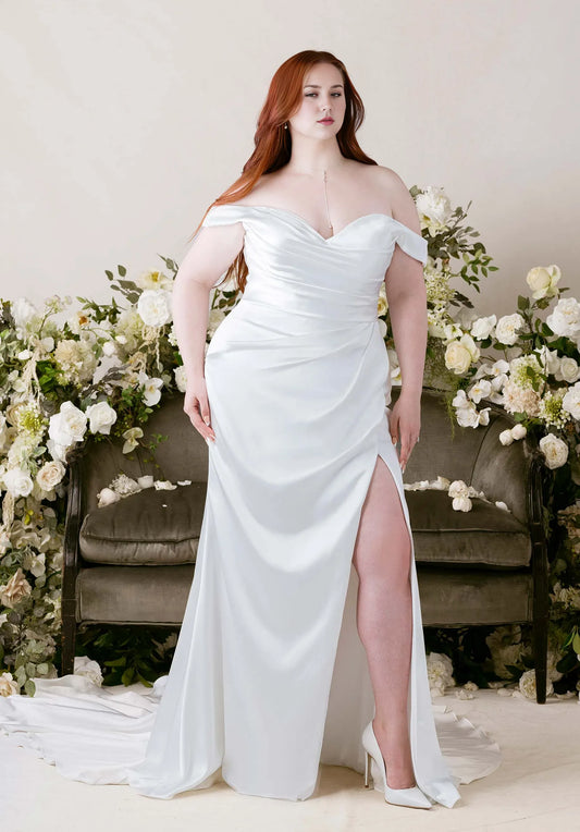 Mermaid Satin Button Back High Slit Wedding Dress - Yihuiw by Yihuiw