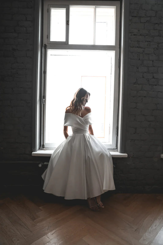 Off-the-Shoulder Satin Midi Wedding Dress Draped Bodice Lace-Up Back A-Line Bridal Dress with Pockets