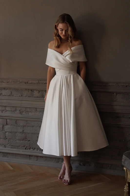 Off-the-Shoulder Satin Midi Wedding Dress Draped Bodice Lace-Up Back A-Line Bridal Dress with Pockets