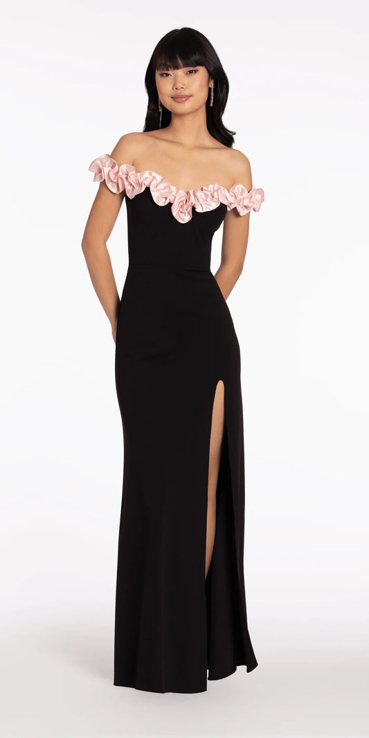 Off-the-Shoulder Satin Ruffle Trim Evening Dresses with High Slit and Floor-Length Skirt