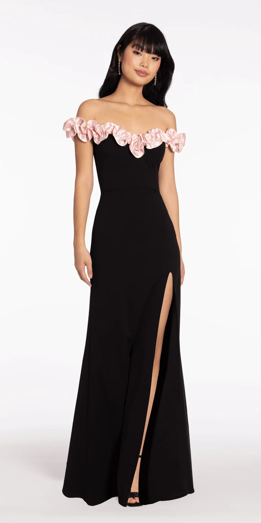 Off-the-Shoulder Satin Ruffle Trim Evening Dresses with High Slit and Floor-Length Skirt