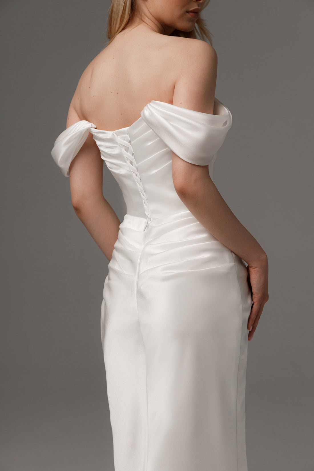 Off-the-Shoulder Satin Sheath Wedding Dress Ruched Bodice Lace-Up Back High Slit Bridal Gown by LANQI DRESS