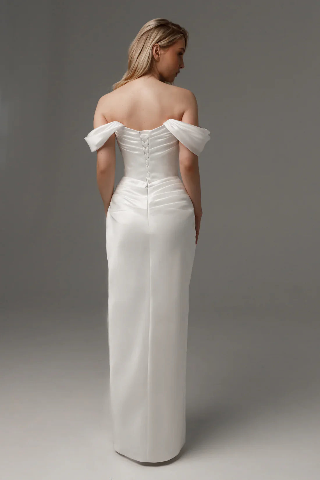 Off-the-Shoulder Satin Sheath Wedding Dress Ruched Bodice Lace-Up Back High Slit Bridal Gown by LANQI DRESS