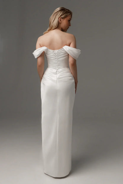 Off-the-Shoulder Satin Sheath Wedding Dress Ruched Bodice Lace-Up Back High Slit Bridal Gown by LANQI DRESS