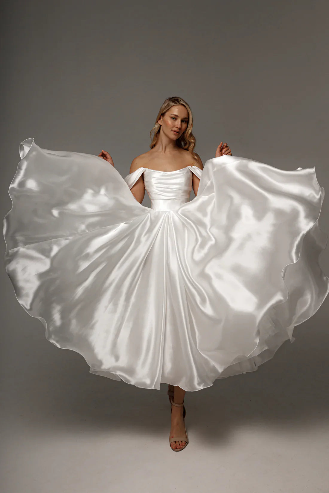 Off-the-Shoulder Satin Wedding Dress Draped Bodice Lace-Up Back A-Line Midi Bridal Gown by LANQI DRESS