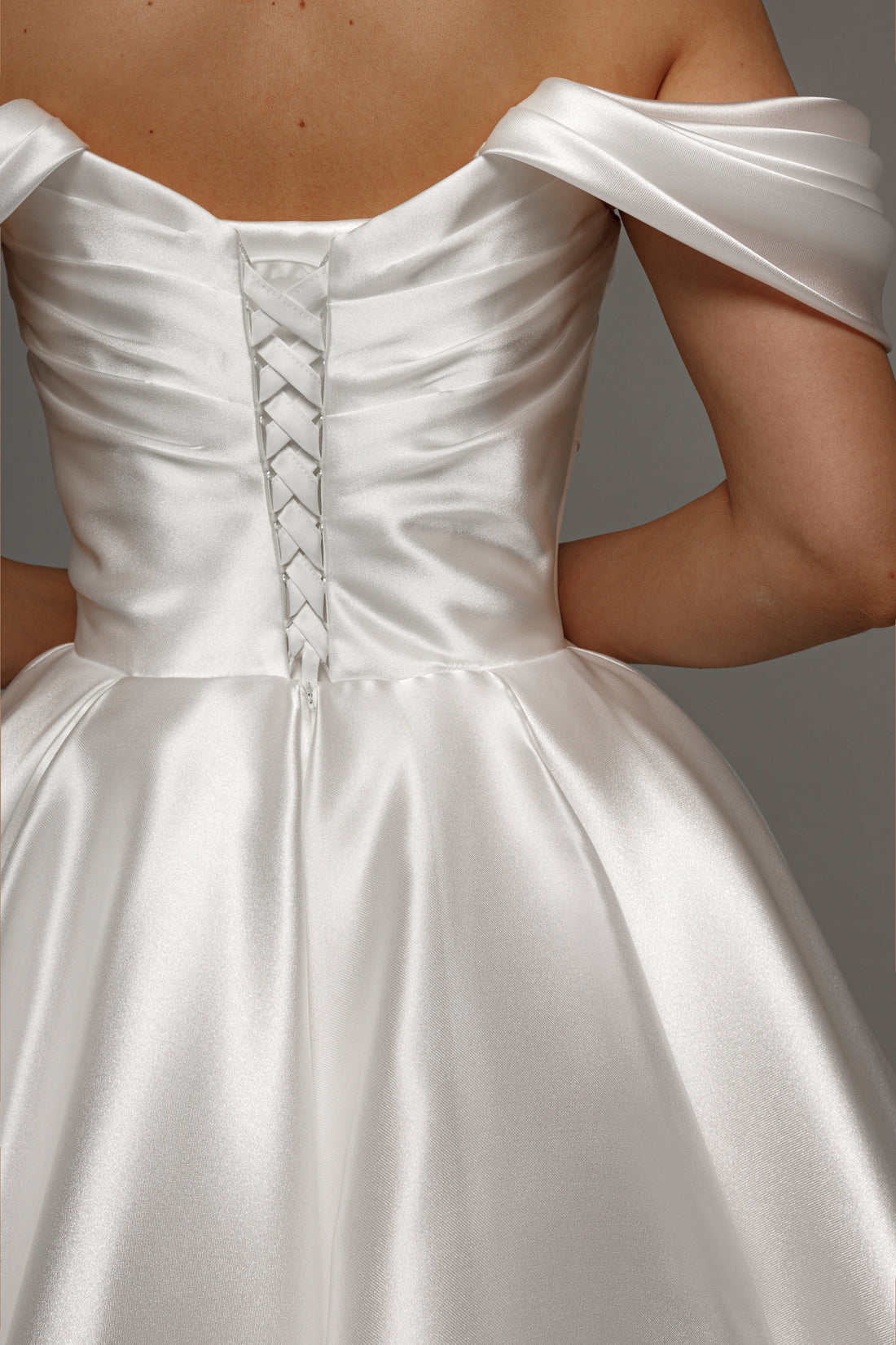 Off-the-Shoulder Satin Wedding Dress Draped Bodice Lace-Up Back A-Line Midi Bridal Gown by LANQI DRESS