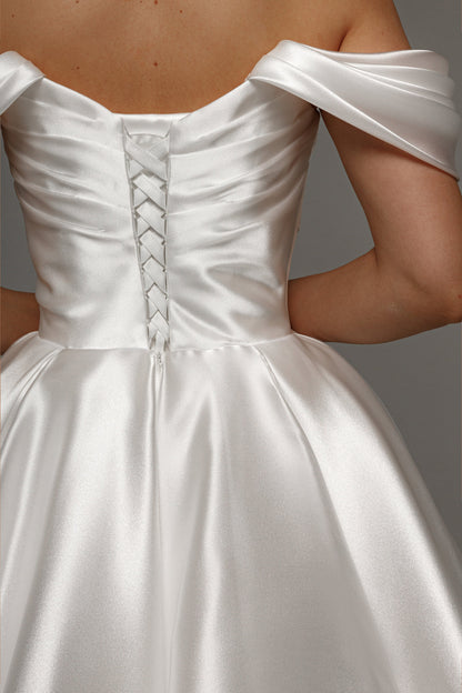 Off-the-Shoulder Satin Wedding Dress Draped Bodice Lace-Up Back A-Line Midi Bridal Gown by LANQI DRESS