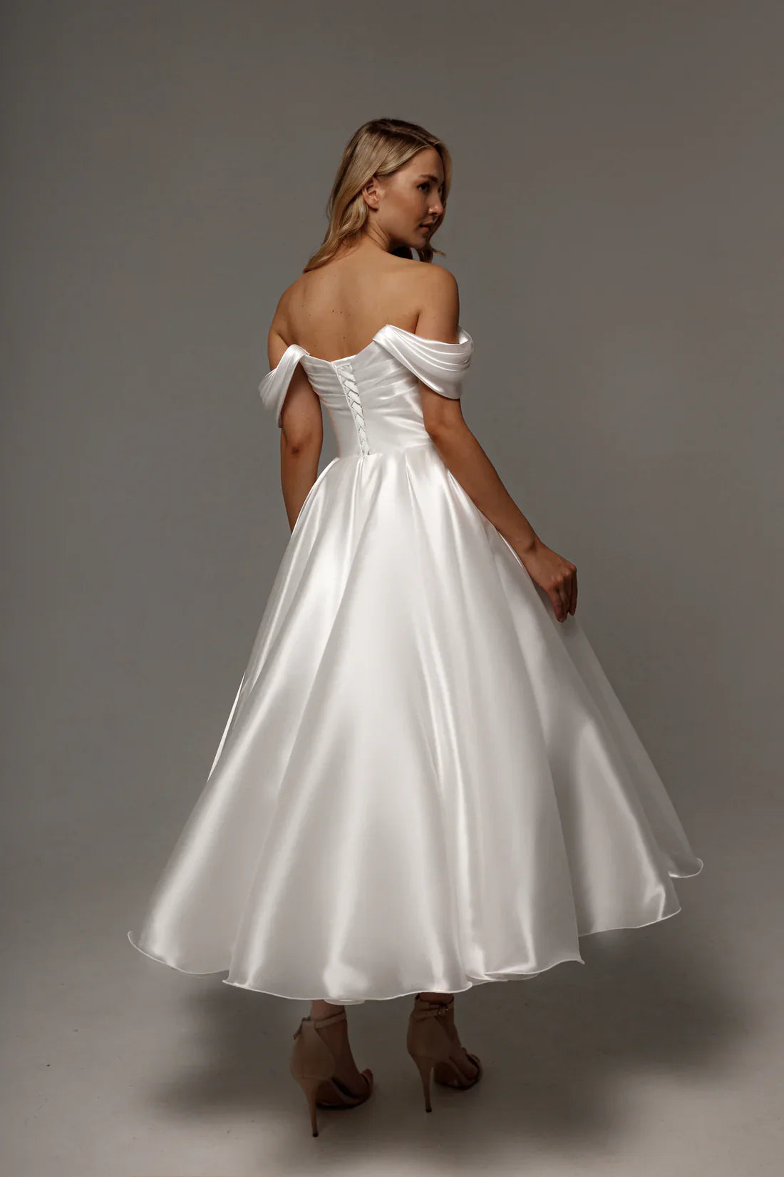 Off-the-Shoulder Satin Wedding Dress Draped Bodice Lace-Up Back A-Line Midi Bridal Gown by LANQI DRESS