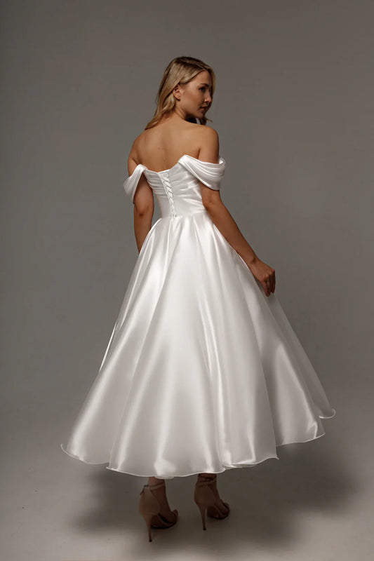 Off-the-Shoulder Satin Wedding Dress Draped Bodice Lace-Up Back A-Line Midi Bridal Gown by LANQI DRESS