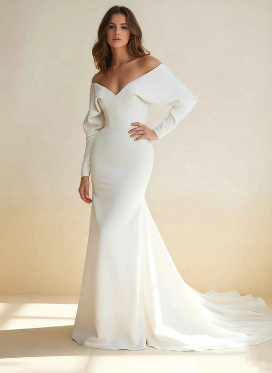Off-the-Shoulder Sweetheart Wedding Dress with Long Sleeves & Mermaid Train