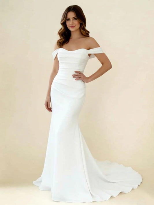 Off-the-Shoulder Sweetheart Wedding Dress with Ruched Bodice & Mermaid Train