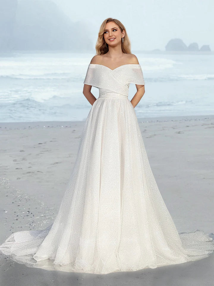 Off Shoulder Glitter Tulle A Line Wedding Dress with Cape Collar Sweep Train Bridal Dress