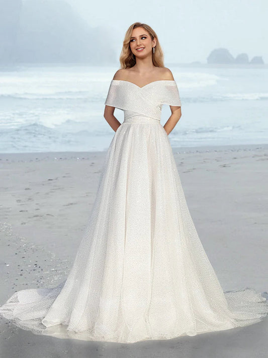Off Shoulder Glitter Tulle A Line Wedding Dress with Cape Collar Sweep Train Bridal Dress