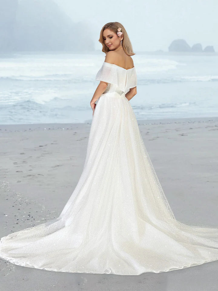 Off Shoulder Glitter Tulle A Line Wedding Dress with Cape Collar Sweep Train Bridal Dress
