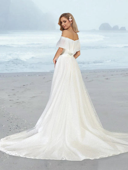 Off Shoulder Glitter Tulle A Line Wedding Dress with Cape Collar Sweep Train Bridal Dress