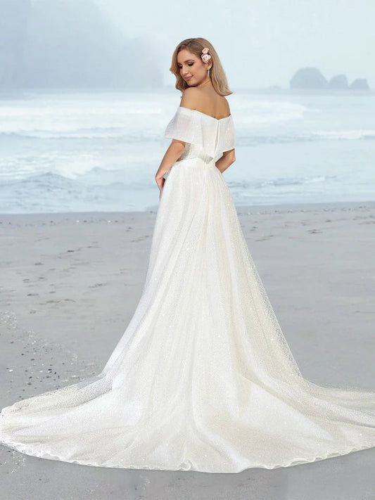 Off Shoulder Glitter Tulle A Line Wedding Dress with Cape Collar Sweep Train Bridal Dress