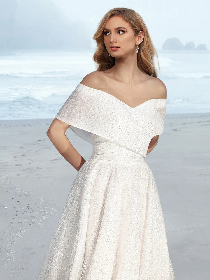 Off Shoulder Glitter Tulle A Line Wedding Dress with Cape Collar Sweep Train Bridal Dress
