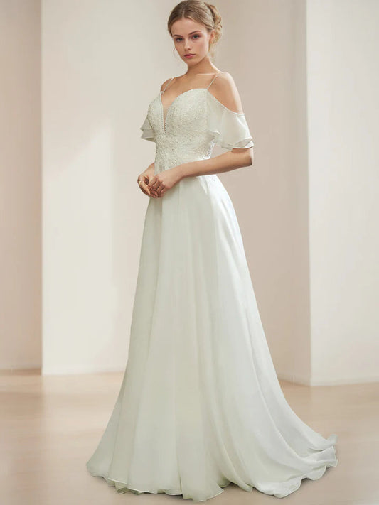 Off Shoulder Lace Applique Chiffon Wedding Dress Spaghetti Strap Train Bridal Dress