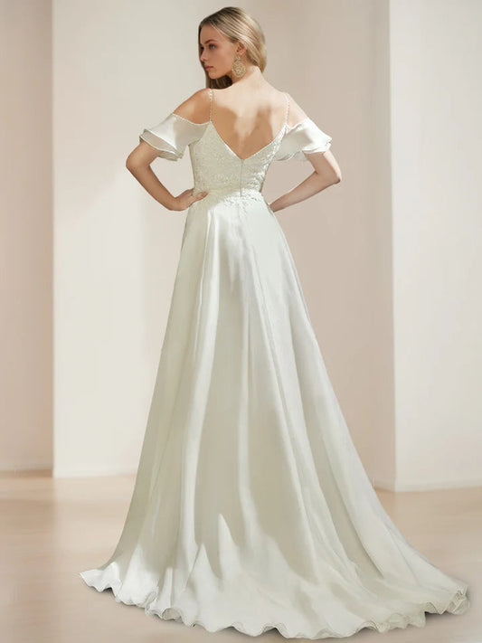 Off Shoulder Lace Applique Chiffon Wedding Dress Spaghetti Strap Train Bridal Dress