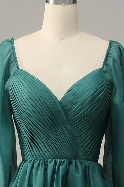 Elegante vestido de noche de satén y gasa color esmeralda con escote en V profundo y mangas largas – Vestido largo formal de corte en A