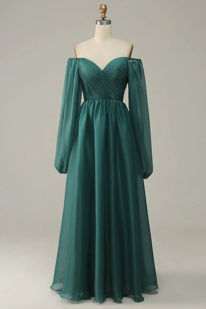 Elegante vestido de noche de satén y gasa color esmeralda con escote en V profundo y mangas largas – Vestido largo formal de corte en A