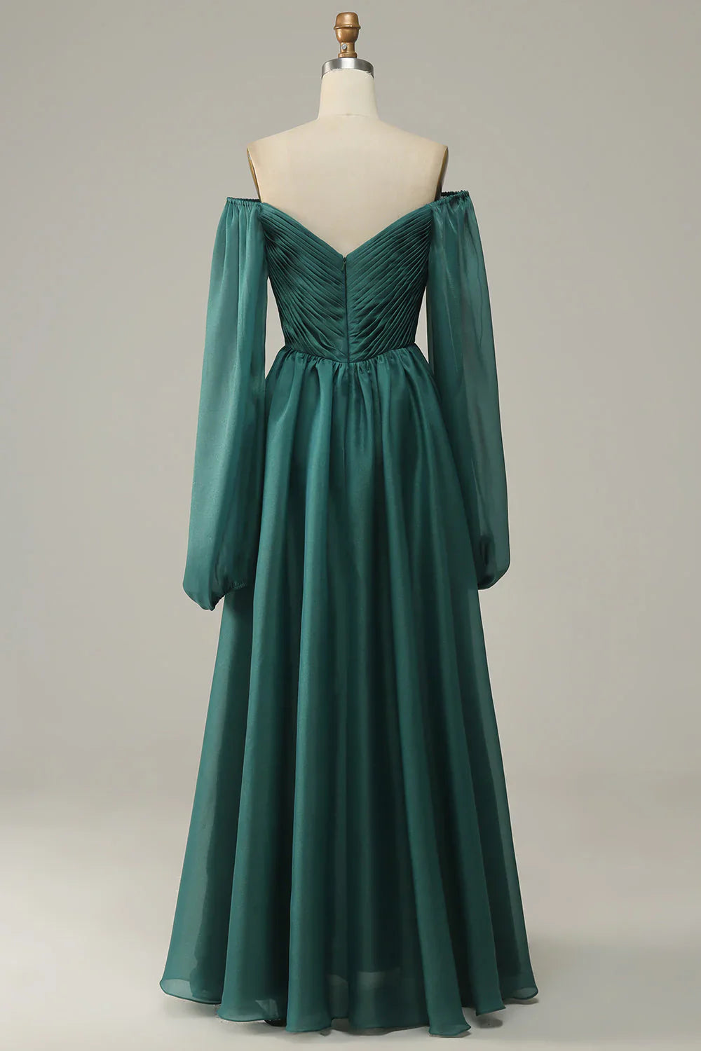 Elegante vestido de noche de satén y gasa color esmeralda con escote en V profundo y mangas largas – Vestido largo formal de corte en A