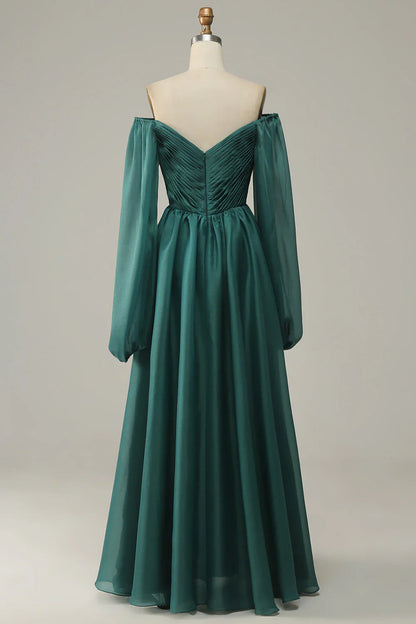 Elegante vestido de noche de satén y gasa color esmeralda con escote en V profundo y mangas largas – Vestido largo formal de corte en A