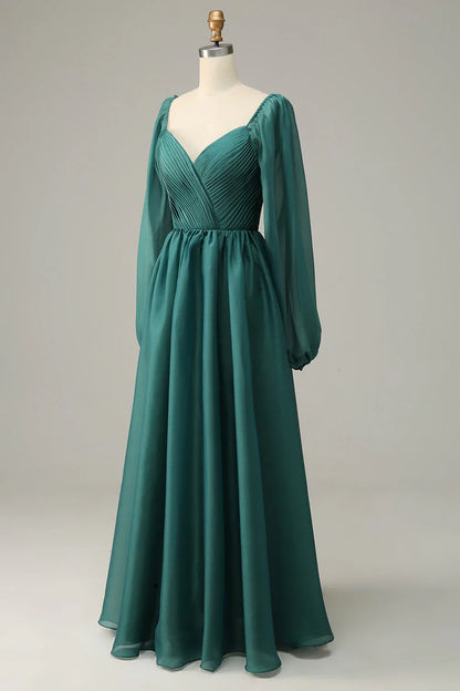 Elegante vestido de noche de satén y gasa color esmeralda con escote en V profundo y mangas largas – Vestido largo formal de corte en A