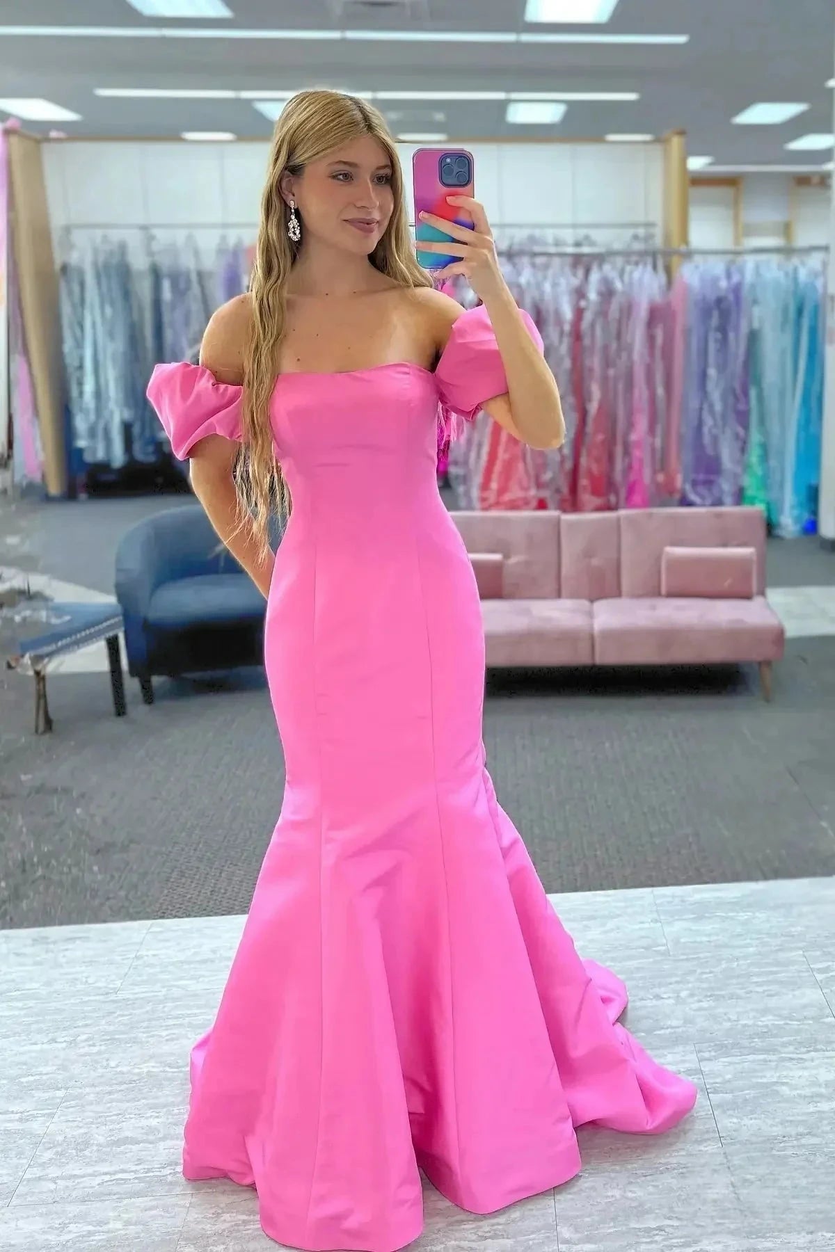 Off Shoulder Puff Sleeve Satin Mermaid Prom Dress Square Neck Sweep Train Formal Evening Party Gown by JiMiss Dresses