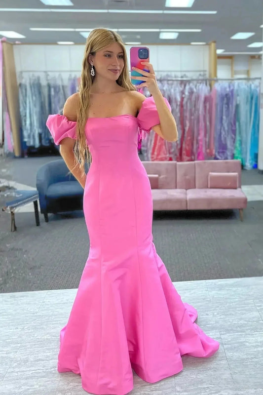 Off Shoulder Puff Sleeve Satin Mermaid Prom Dress Square Neck Sweep Train Formal Evening Party Gown by JiMiss Dresses