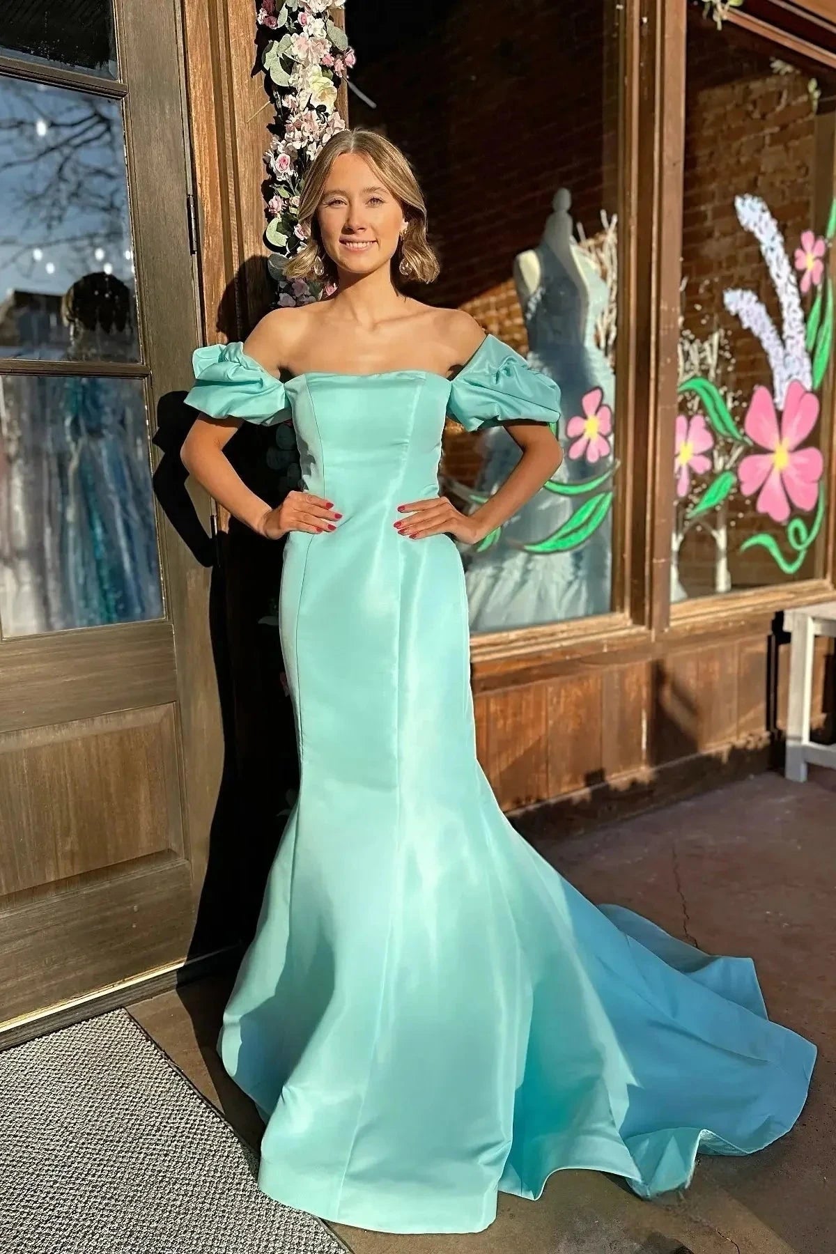 Off Shoulder Puff Sleeve Satin Mermaid Prom Dress Square Neck Sweep Train Formal Evening Party Gown by JiMiss Dresses