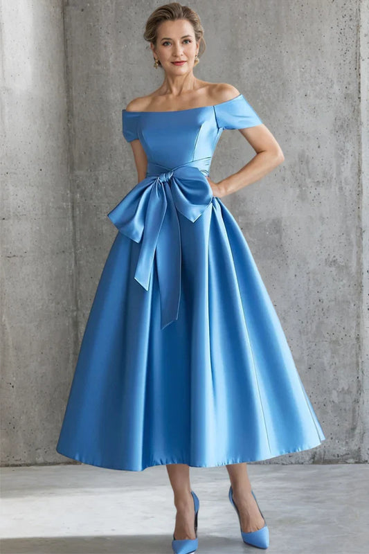 Dusty Blue Off-the-Shoulder Mother of the Bride Dress with Bow Detail – Elegant Tea Length A-Line Formal Dress