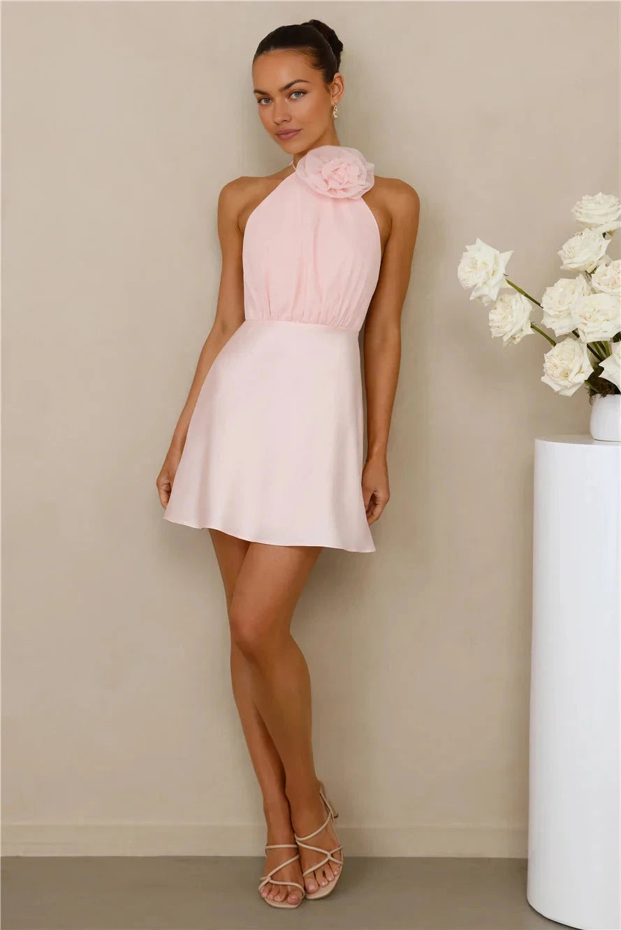 A light pink hanging neck dress with three-dimensional flower decorations at the collar is perfect for parties, dates, and other occasions, by YiHuiw