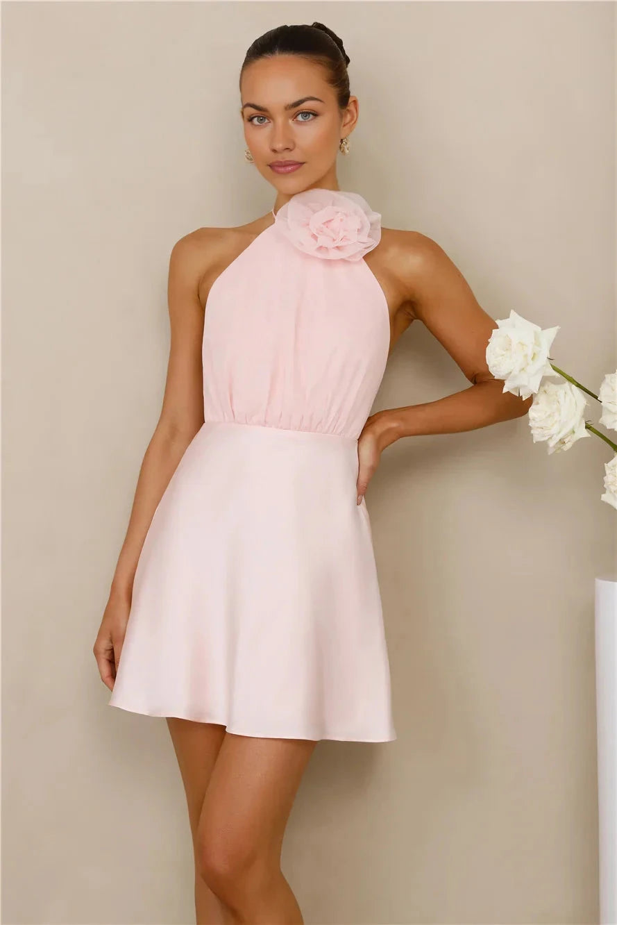 A light pink hanging neck dress with three-dimensional flower decorations at the collar is perfect for parties, dates, and other occasions, by YiHuiw