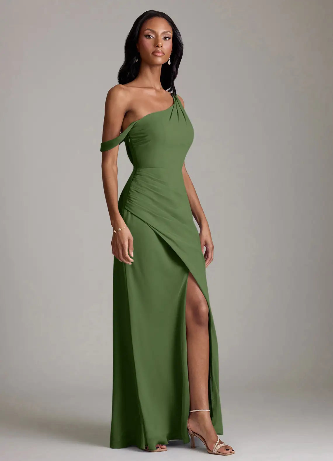 One-Shoulder Chiffon High Slit Midi Wedding Dress - Yihuiw by Yihuiw