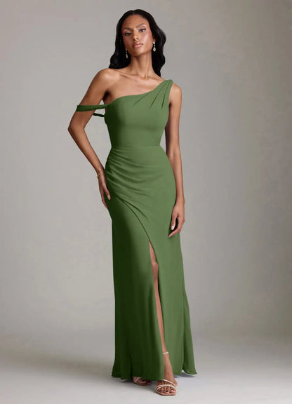 One-Shoulder Chiffon High Slit Midi Wedding Dress - Yihuiw by Yihuiw
