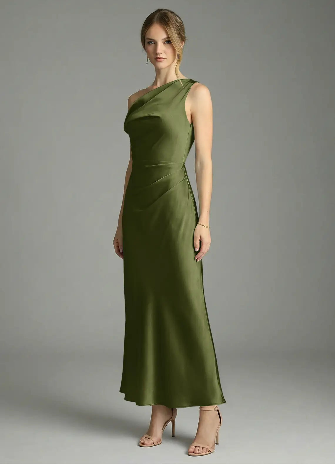 Off-Shoulder Satin Draped Midi Wedding Dress - Yihuiw by Yihuiw