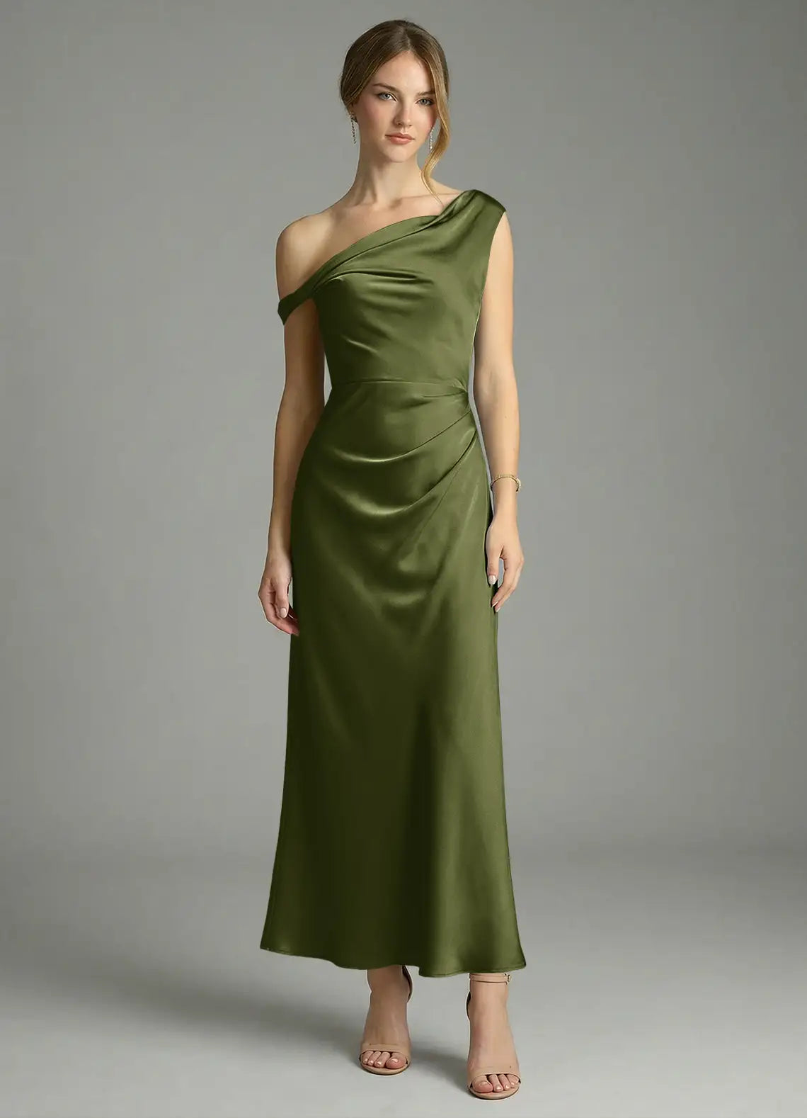 Off-Shoulder Satin Draped Midi Wedding Dress - Yihuiw by Yihuiw