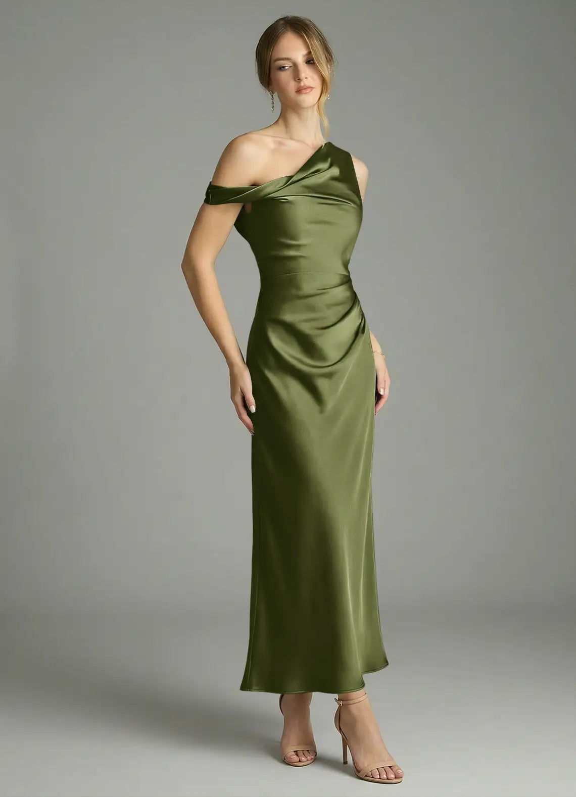 Off-Shoulder Satin Draped Midi Wedding Dress - Yihuiw by Yihuiw