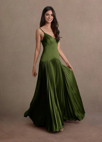 V-Neck Satin Pleated Floor-Length Wedding Dress - Yihuiw by Yihuiw