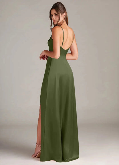 Olive Green Cowl Neck Spaghetti Strap Maxi Dress with Side Slit A-Line with Pockets Metallic Satin Dress Bridesmaid Dresses by YiHuiw