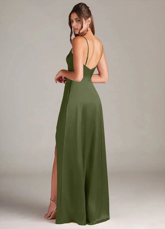 Olive Green Cowl Neck Spaghetti Strap Maxi Dress with Side Slit A-Line with Pockets Metallic Satin Dress Bridesmaid Dresses by YiHuiw