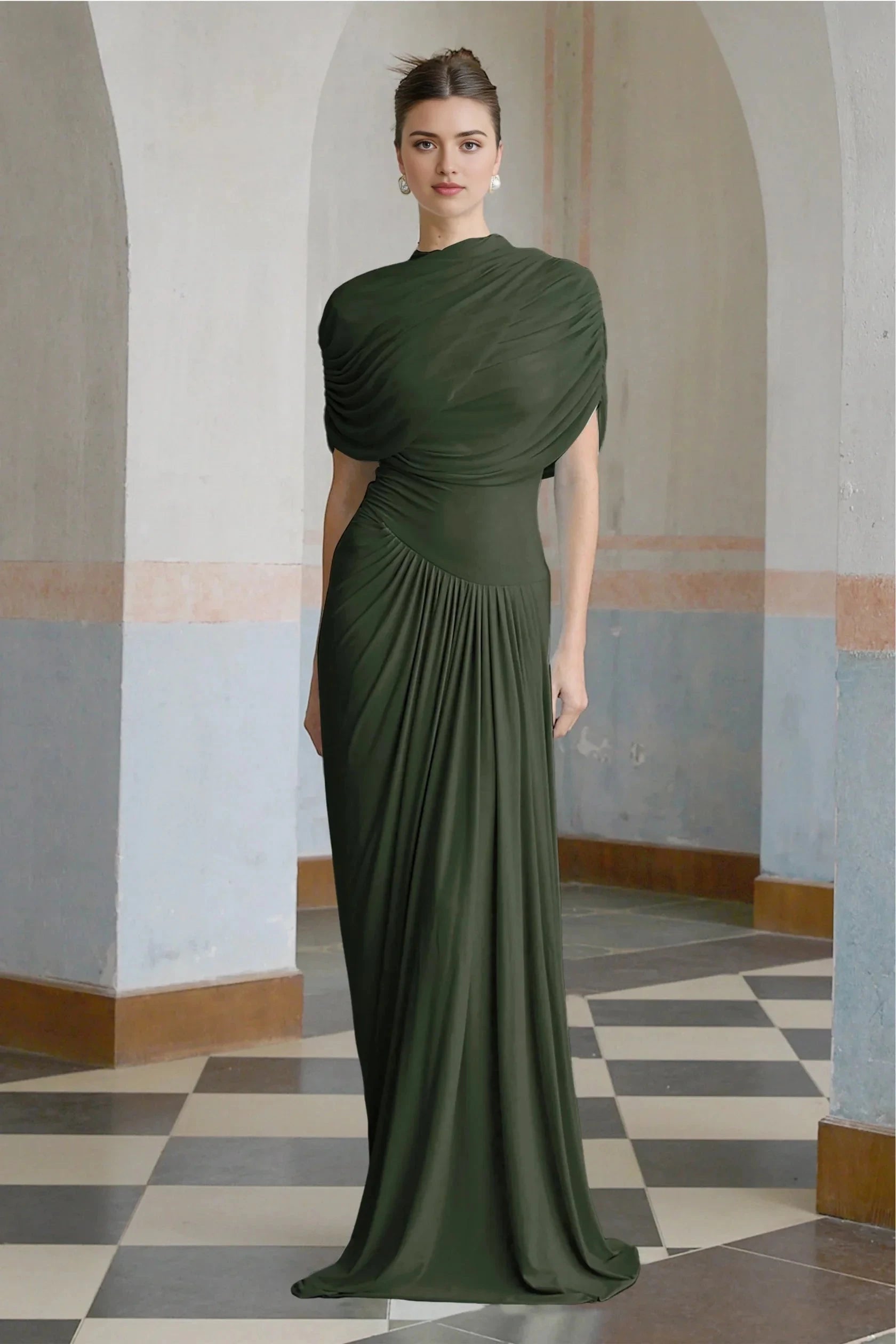 Olive Green Draped One - Shoulder Maxi Dress asymmetrical pleated maxi dress in Green Evening Dress by YiHuiw