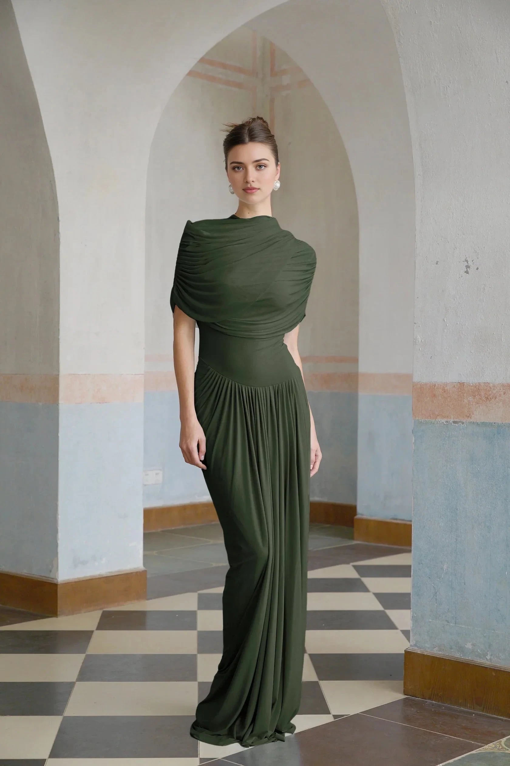 Olive Green Draped One - Shoulder Maxi Dress asymmetrical pleated maxi dress in Green Evening Dress by YiHuiw