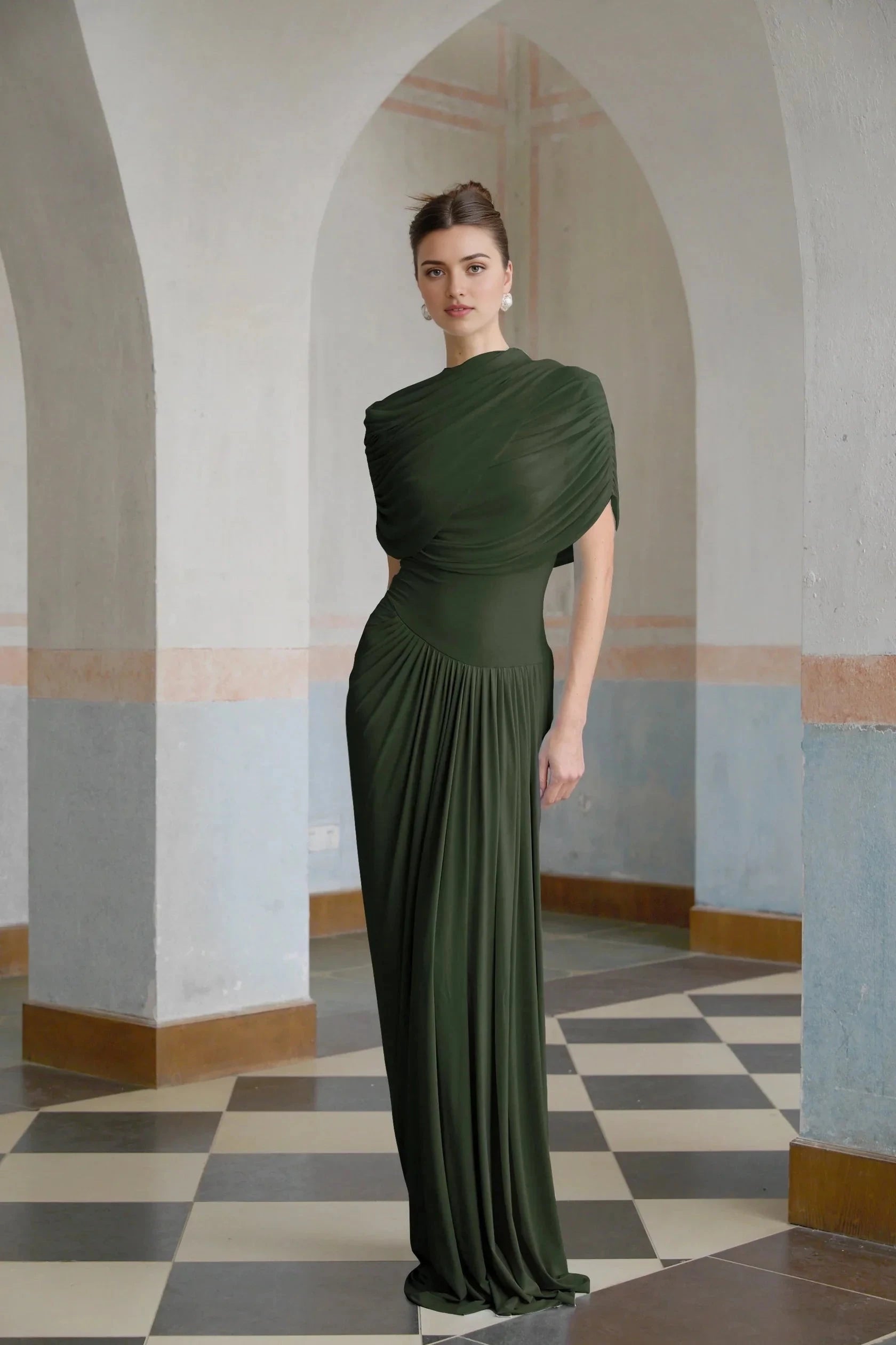 Olive Green Draped One - Shoulder Maxi Dress asymmetrical pleated maxi dress in Green Evening Dress by YiHuiw