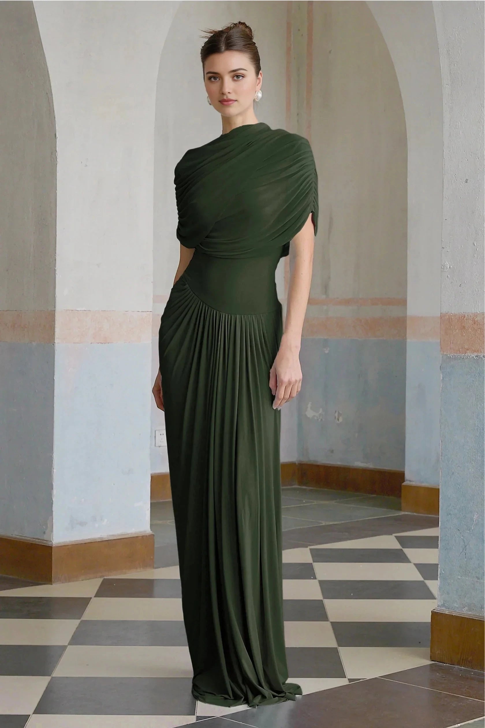 Olive Green Draped One - Shoulder Maxi Dress asymmetrical pleated maxi dress in Green Evening Dress by YiHuiw